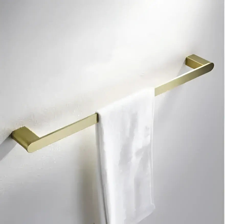 Modern brushed gold bathroom hardware set with shelf and phone holder