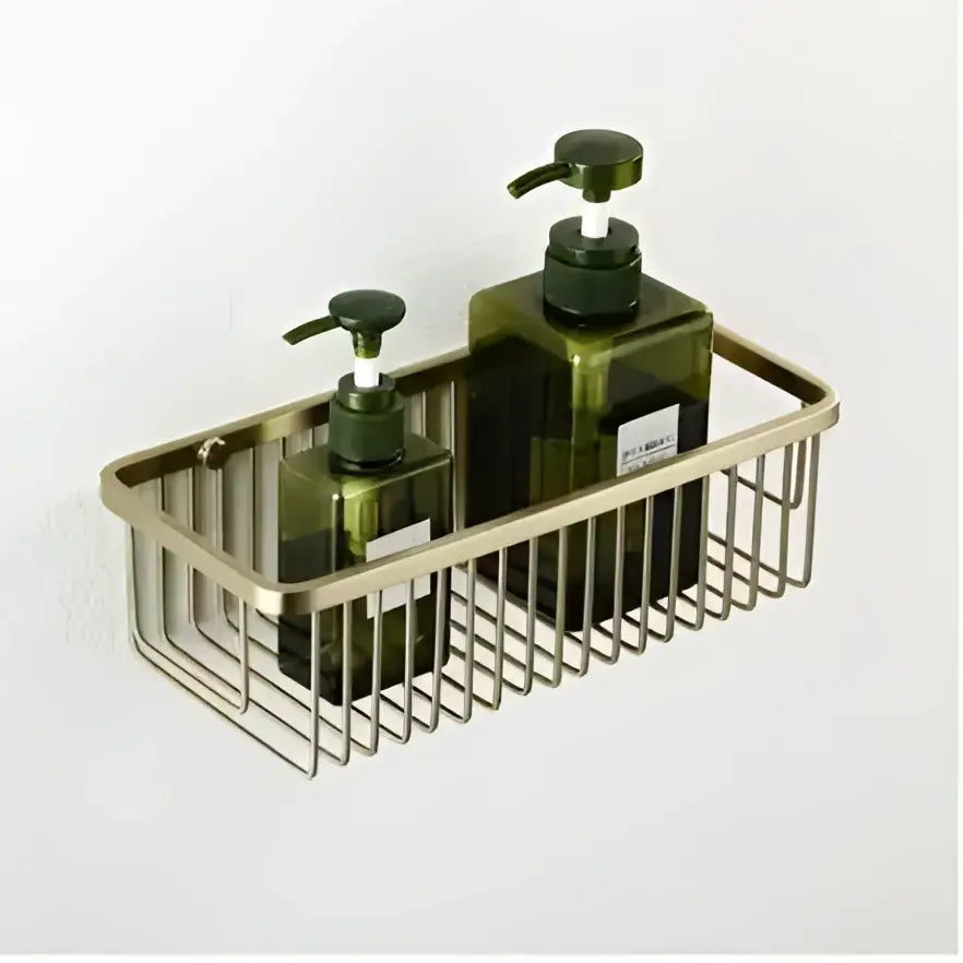 Modern brushed gold bathroom hardware set with shelf and phone holder