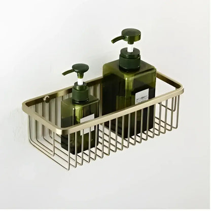 Modern brushed gold bathroom hardware set with shelf and phone holder