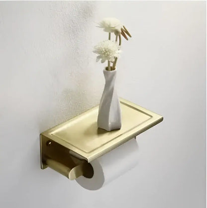Modern brushed gold bathroom hardware set with shelf and phone holder