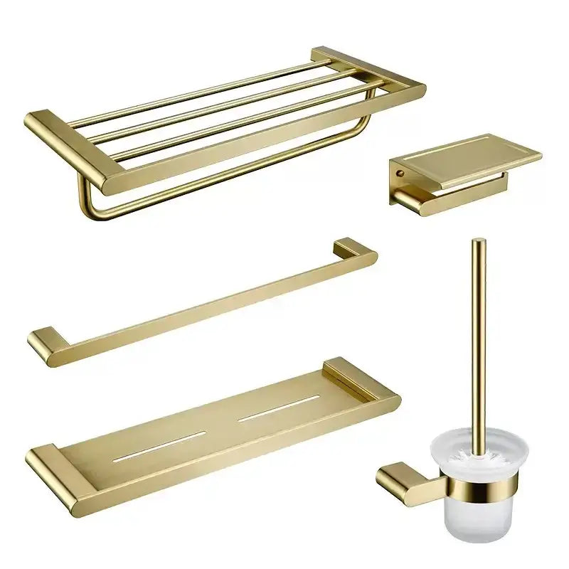 Modern brushed gold bathroom hardware set with shelf and phone holder