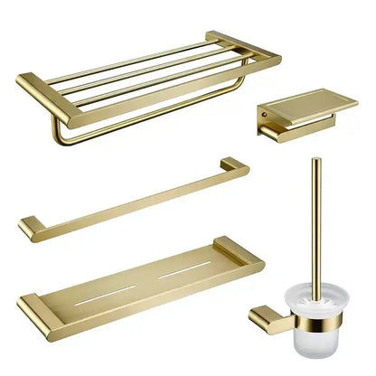 Modern brushed gold bathroom hardware set with shelf and phone holder