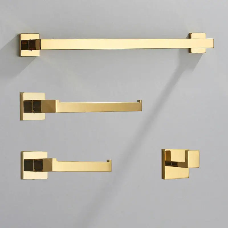 Modern brushed gold bathroom hardware set with square brackets