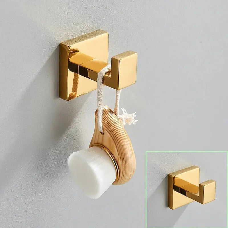 Modern brushed gold bathroom hardware set with square brackets
