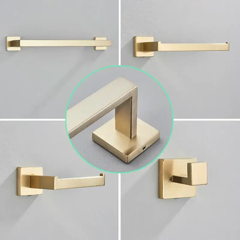 Modern brushed gold bathroom hardware set with square brackets