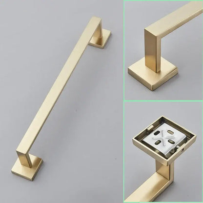 Modern brushed gold bathroom hardware set with square brackets