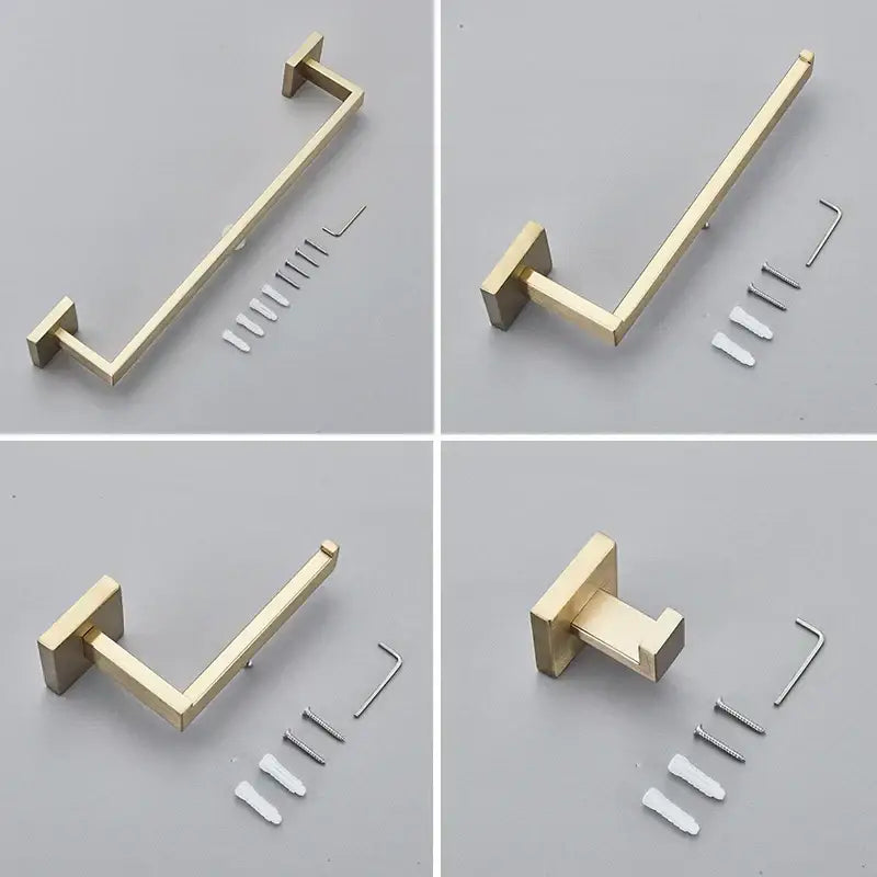 Modern brushed gold bathroom hardware set with square brackets
