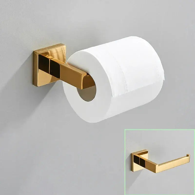 Modern brushed gold bathroom hardware set with square brackets