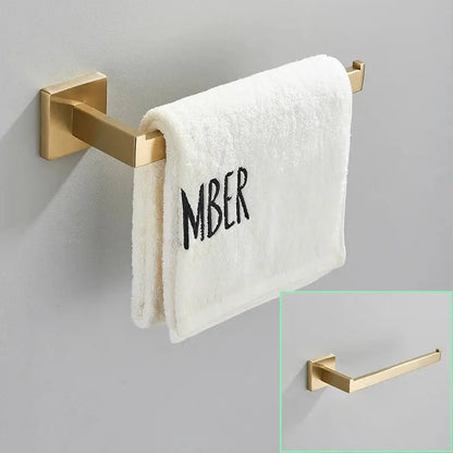 Modern brushed gold bathroom hardware set with square brackets