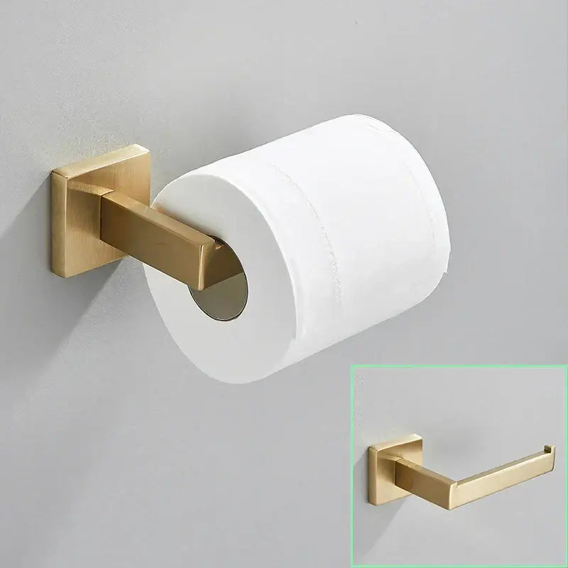 Modern brushed gold bathroom hardware set with square brackets