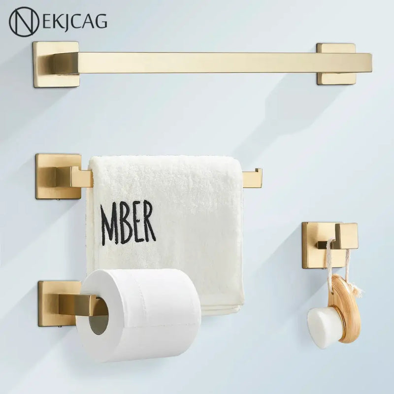 Modern brushed gold bathroom hardware set with square brackets