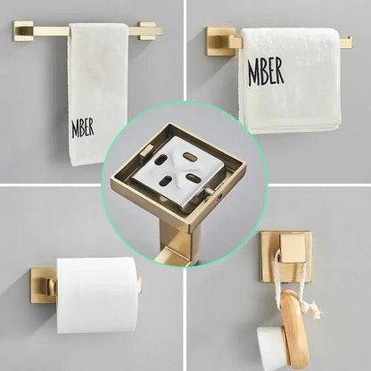 Modern brushed gold bathroom hardware set with square brackets