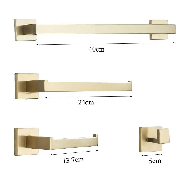 Modern brushed gold bathroom hardware set with square brackets