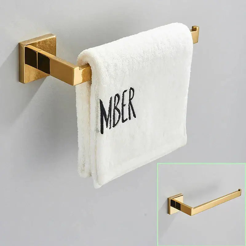 Modern brushed gold bathroom hardware set with square brackets