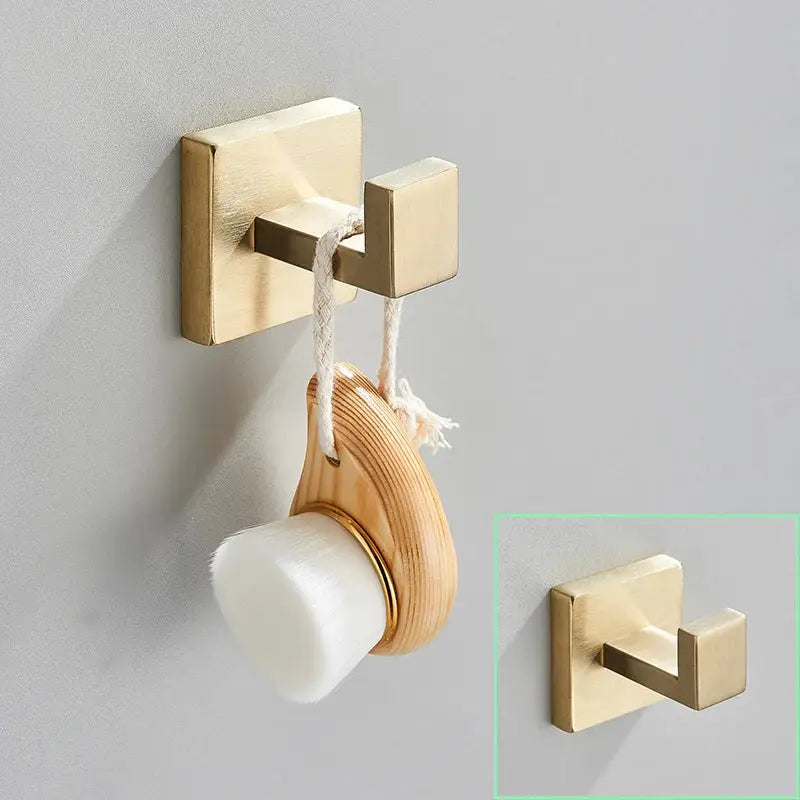 Modern brushed gold bathroom hardware set with square brackets