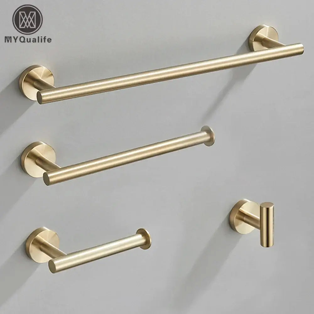 Modern brushed gold bathroom hardware set with towel bar and hooks