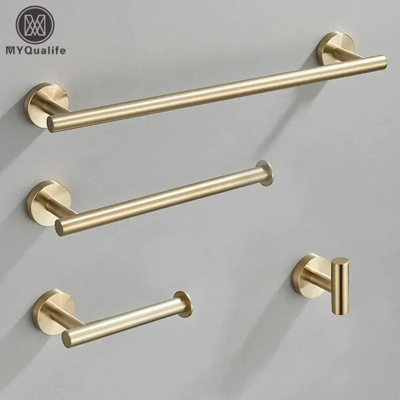 Modern brushed gold bathroom hardware set with towel bar and hooks