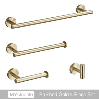 Modern brushed gold bathroom hardware set with towel bar and hooks