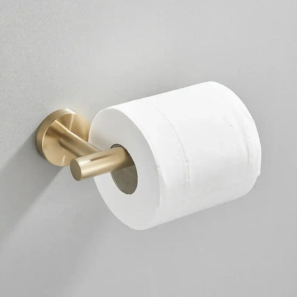 Modern brushed gold bathroom hardware set with towel bar and hooks