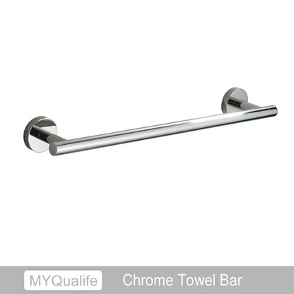 Modern brushed gold bathroom hardware set with towel bar and hooks