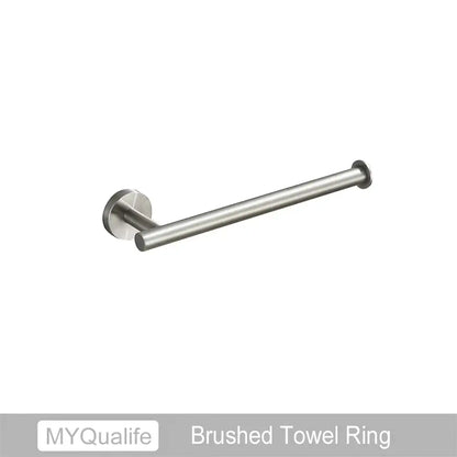 Modern brushed gold bathroom hardware set with towel bar and hooks