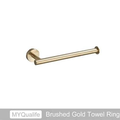 Modern brushed gold bathroom hardware set with towel bar and hooks