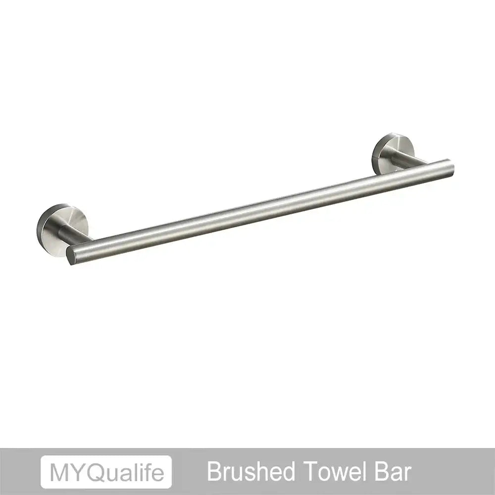 Modern brushed gold bathroom hardware set with towel bar and hooks