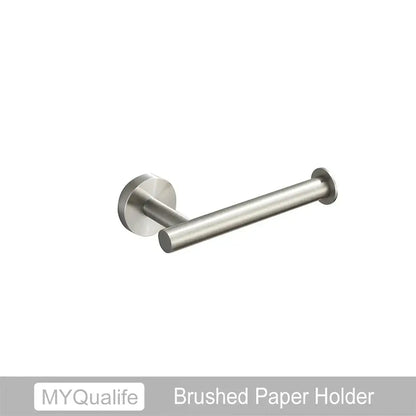 Modern brushed gold bathroom hardware set with towel bar and hooks