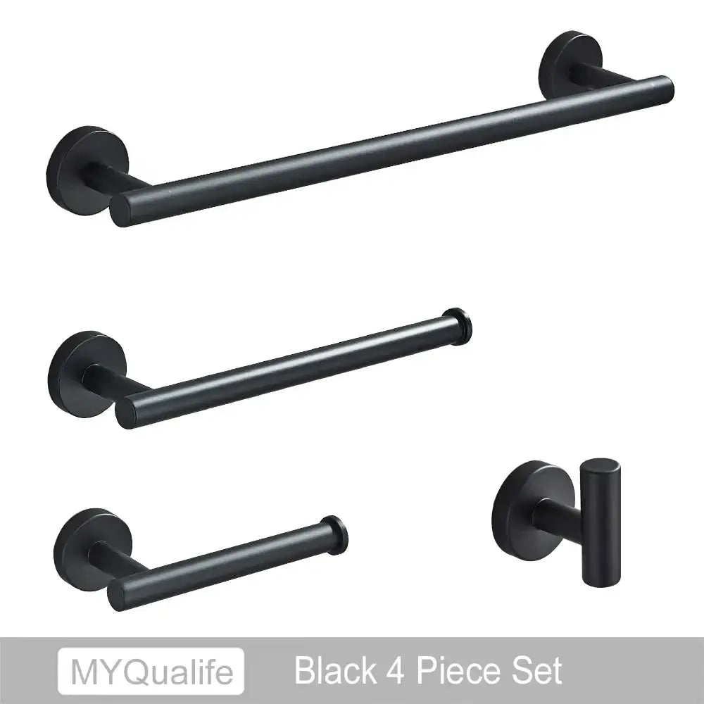 Modern brushed gold bathroom hardware set with towel bar and hooks