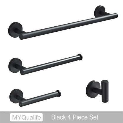 Modern brushed gold bathroom hardware set with towel bar and hooks