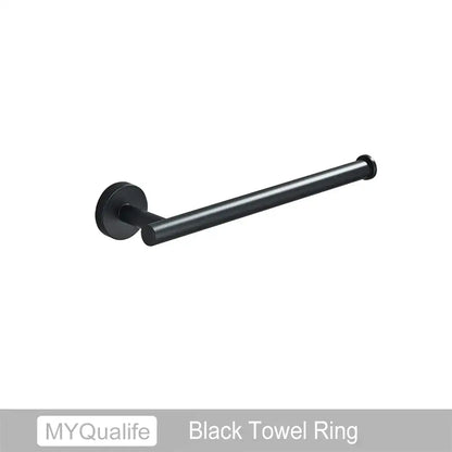 Modern brushed gold bathroom hardware set with towel bar and hooks