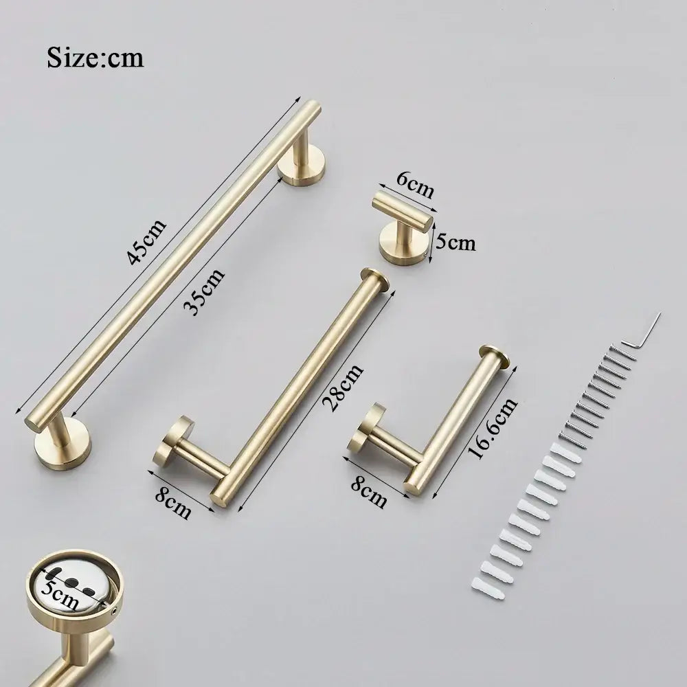 Modern brushed gold bathroom hardware set with towel bar and hooks