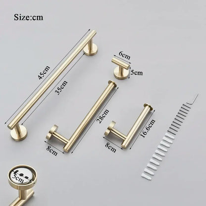Modern brushed gold bathroom hardware set with towel bar and hooks