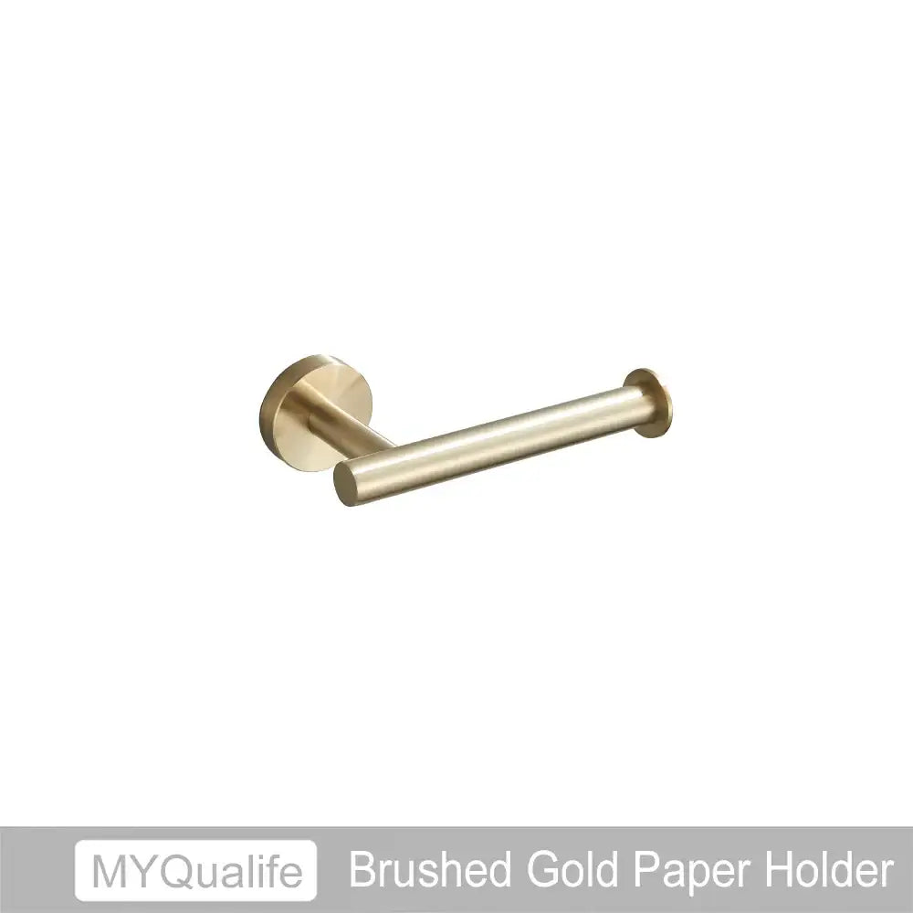 Modern brushed gold bathroom hardware set with towel bar and hooks