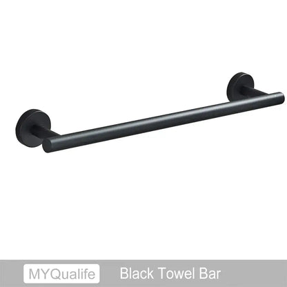 Modern brushed gold bathroom hardware set with towel bar and hooks