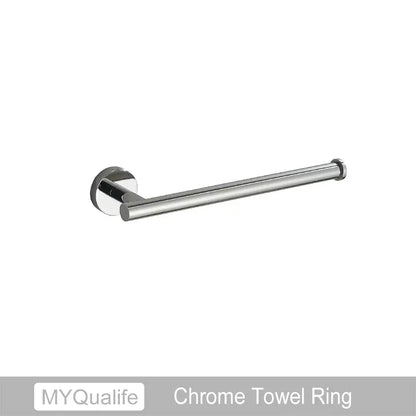 Modern brushed gold bathroom hardware set with towel bar and hooks