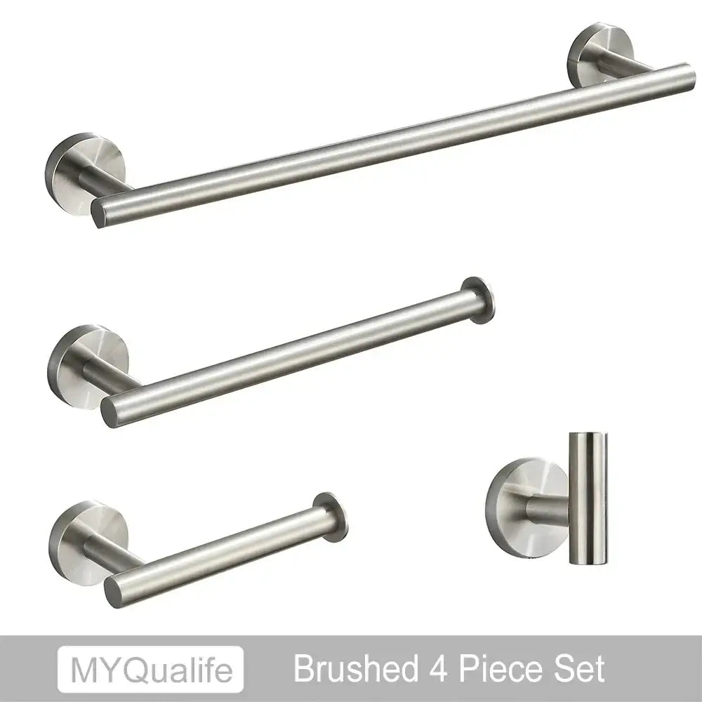 Modern brushed gold bathroom hardware set with towel bar and hooks