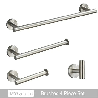 Modern brushed gold bathroom hardware set with towel bar and hooks