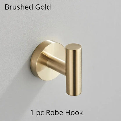 Modern brushed gold bathroom hardware set with towel rack and hooks