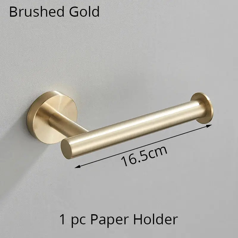 Modern brushed gold bathroom hardware set with towel rack and hooks