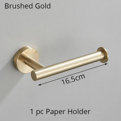 Modern brushed gold bathroom hardware set with towel rack and hooks