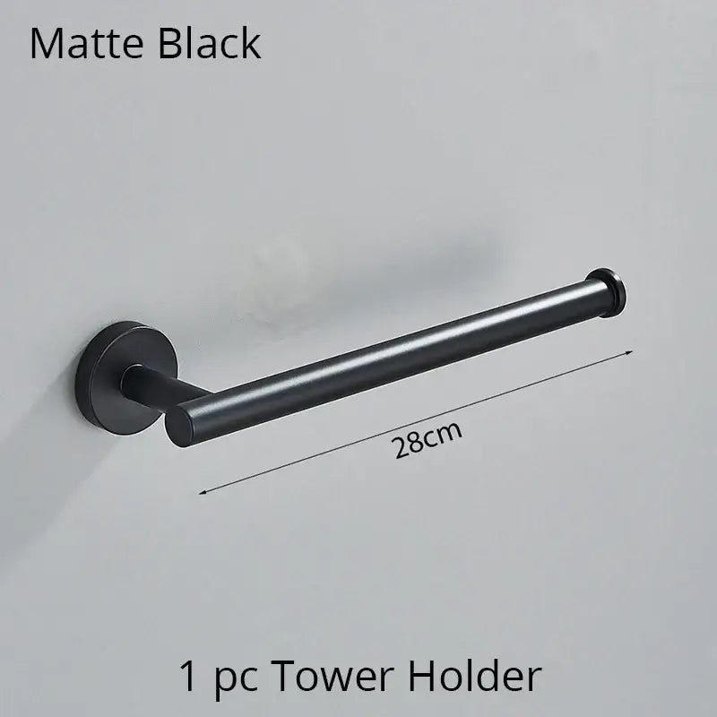 Modern brushed gold bathroom hardware set with towel rack and hooks