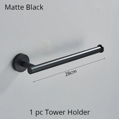 Modern brushed gold bathroom hardware set with towel rack and hooks