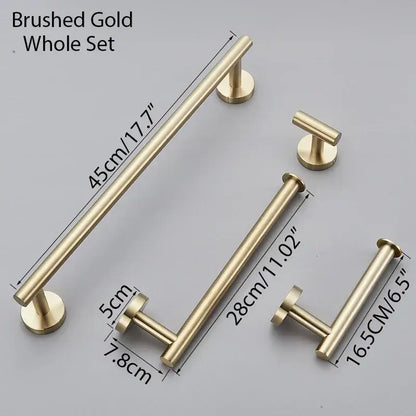 Modern brushed gold bathroom hardware set with towel rack and hooks