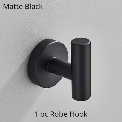 Modern brushed gold bathroom hardware set with towel rack and hooks