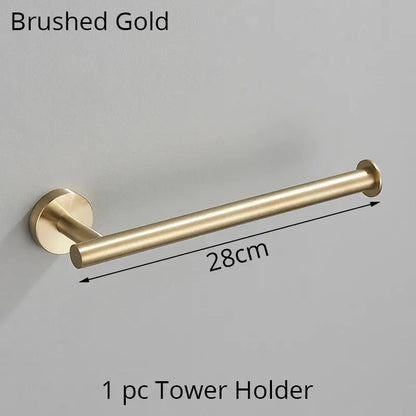Modern brushed gold bathroom hardware set with towel rack and hooks