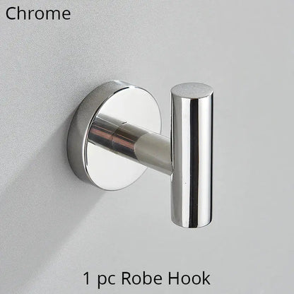 Modern brushed gold bathroom hardware set with towel rack and hooks