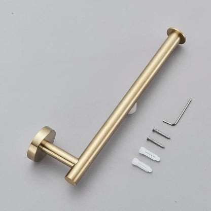 Modern brushed gold bathroom hardware set with towel rack and hooks