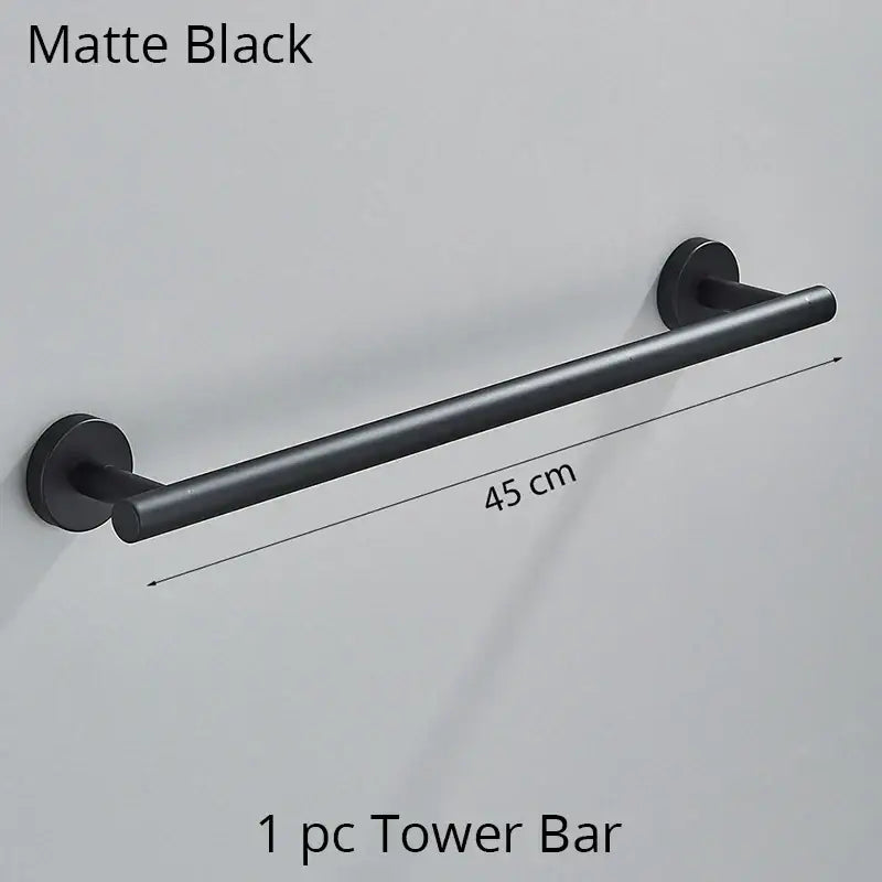Modern brushed gold bathroom hardware set with towel rack and hooks