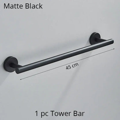 Modern brushed gold bathroom hardware set with towel rack and hooks